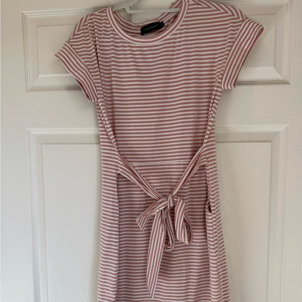 MEROKEETY Pink White Striped Short Sleeve T Shirt Dress Tie Waist Pockets - S